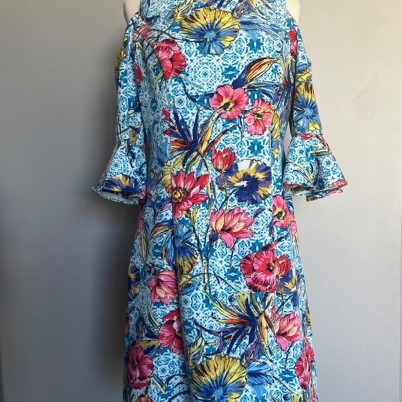NICOLE MILLER Floral-Print Leaf‎ Turquoise Cold-Shoulder Sheath Cocktail Dress - Picture 3 of 15